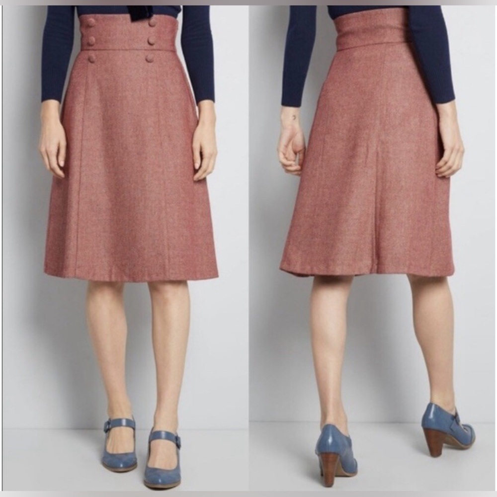 ModCloth red maroon burgundy herringbone tweed midi skirt button 1X